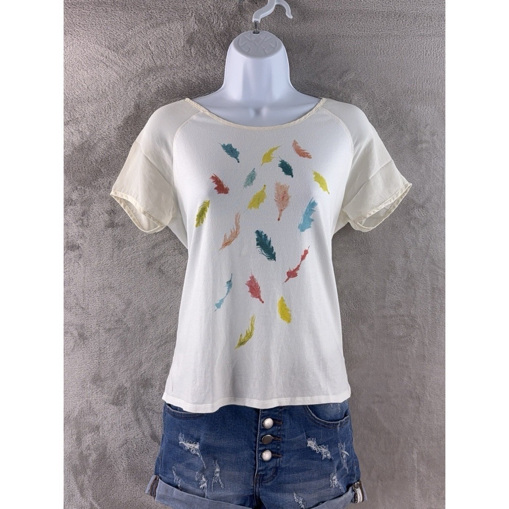 Comptoir Des Cotonniers Shirt Womens Size Small White Graphic Feather‎ Print Tee